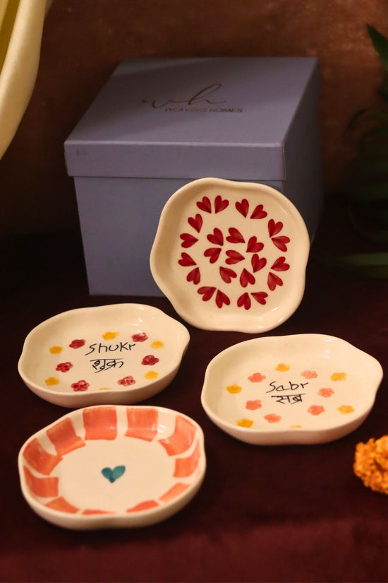 Set of 4 - Hear, Striped heart, Sabr & Shukr handmade dessert plate combo in a Gift box handmade in India
