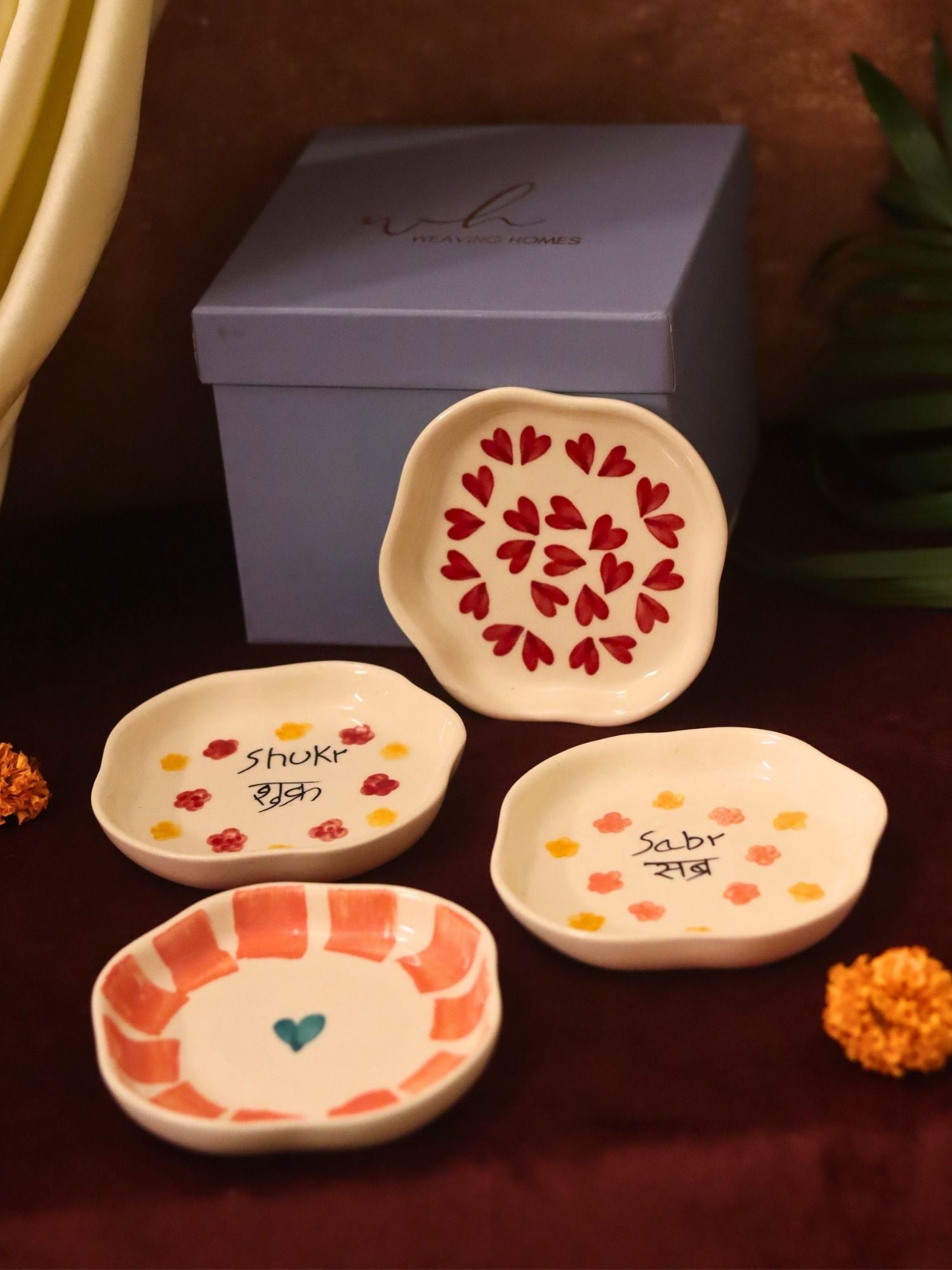 Set of 4 - Hear, Striped heart, Sabr & Shukr handmade dessert plate combo in a Gift box handmade in India