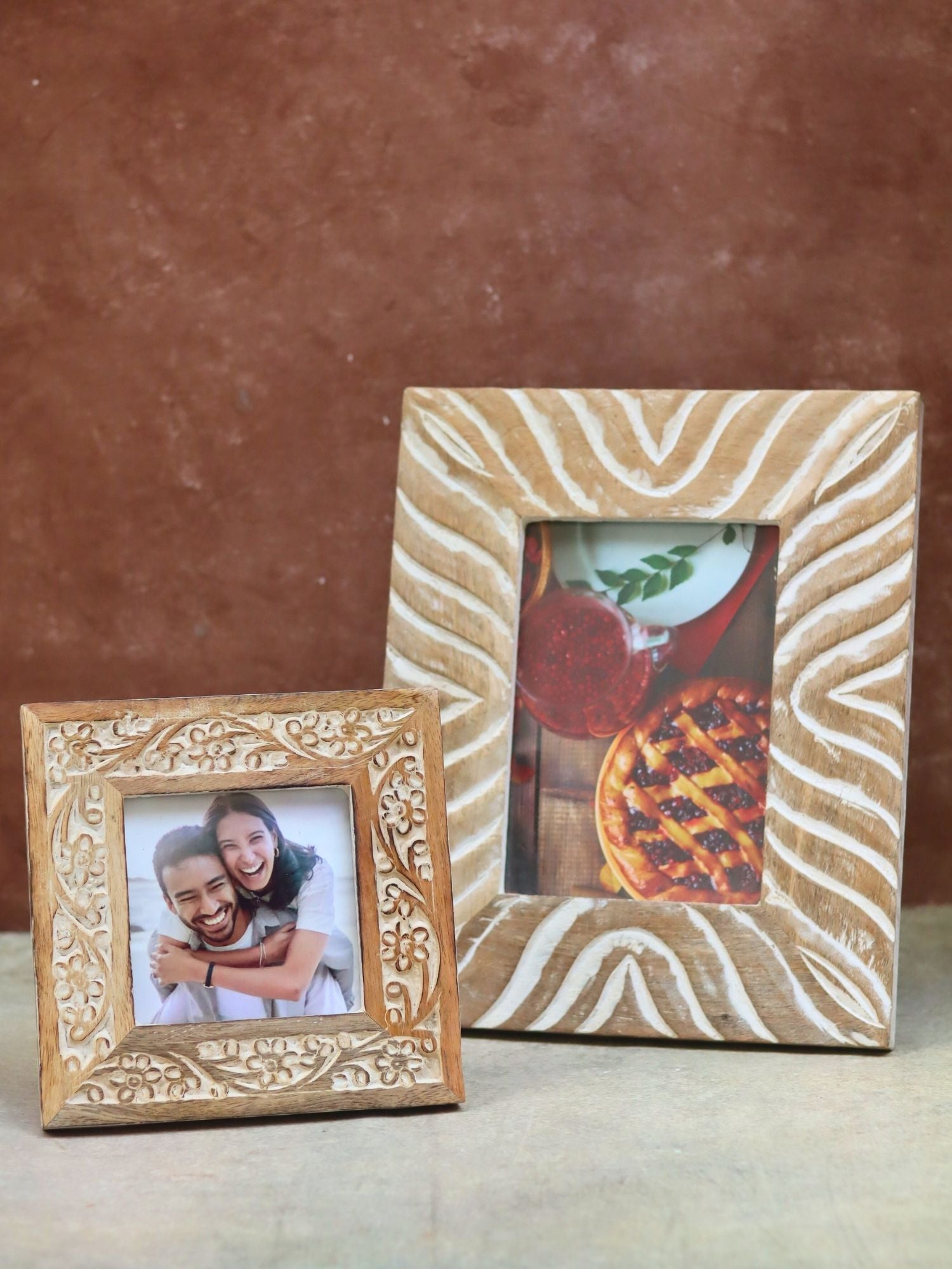 Set of 2 - Waves Carved & Carved Floral Wooden Frame combo with premium quality material