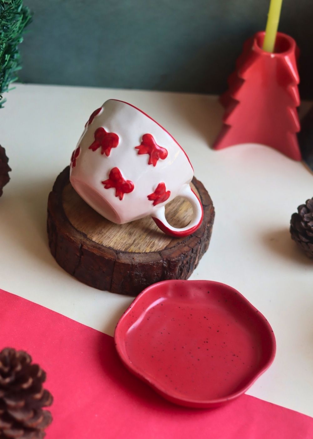 Bow Mug & Red Handmade Dessert Plate with premium quality material