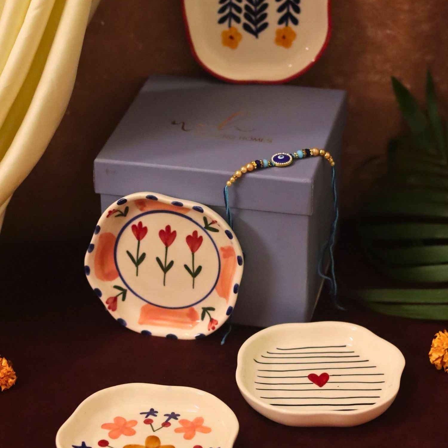 Set of 4 - Bloom, Striped heart, Peony & Floral Bloom handmade dessert plate combo Rakhi Gift box