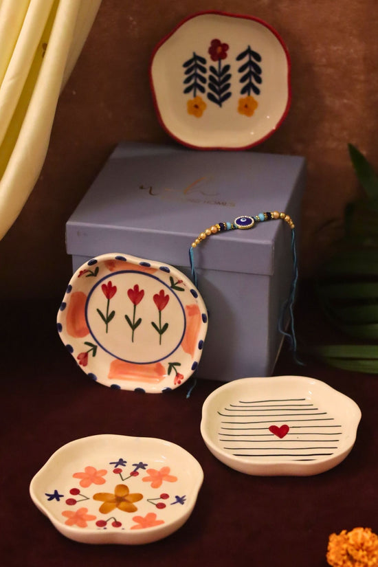Lead free Set of 4 - Bloom, Striped heart, Peony & Floral Bloom handmade dessert plate combo Rakhi Gift box