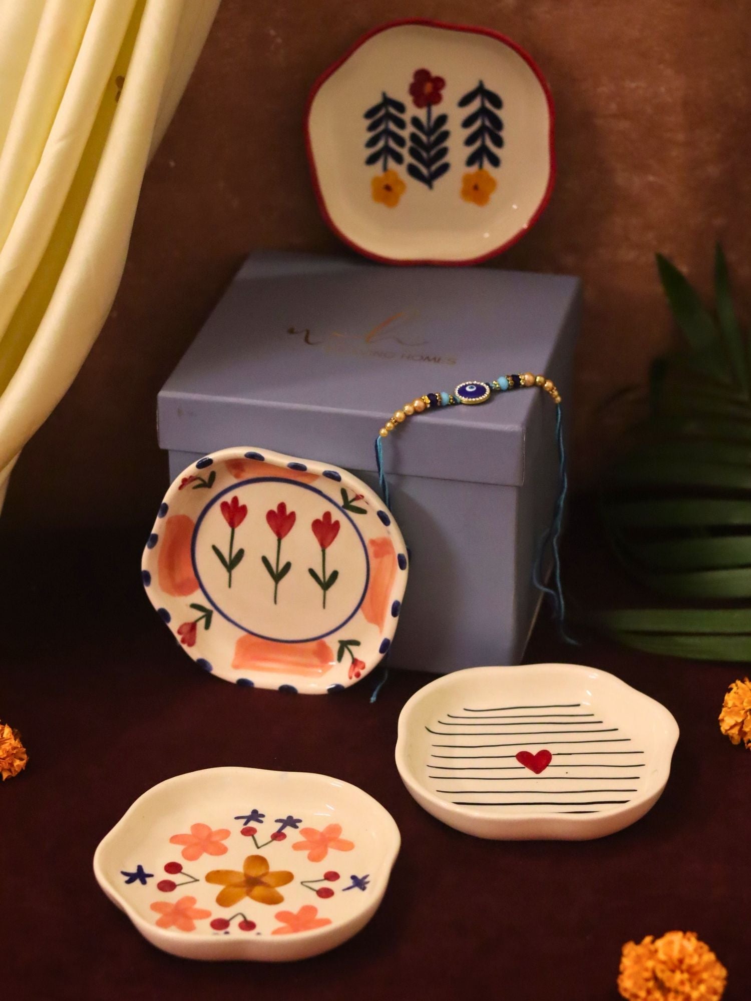 Lead free Set of 4 - Bloom, Striped heart, Peony & Floral Bloom handmade dessert plate combo Rakhi Gift box