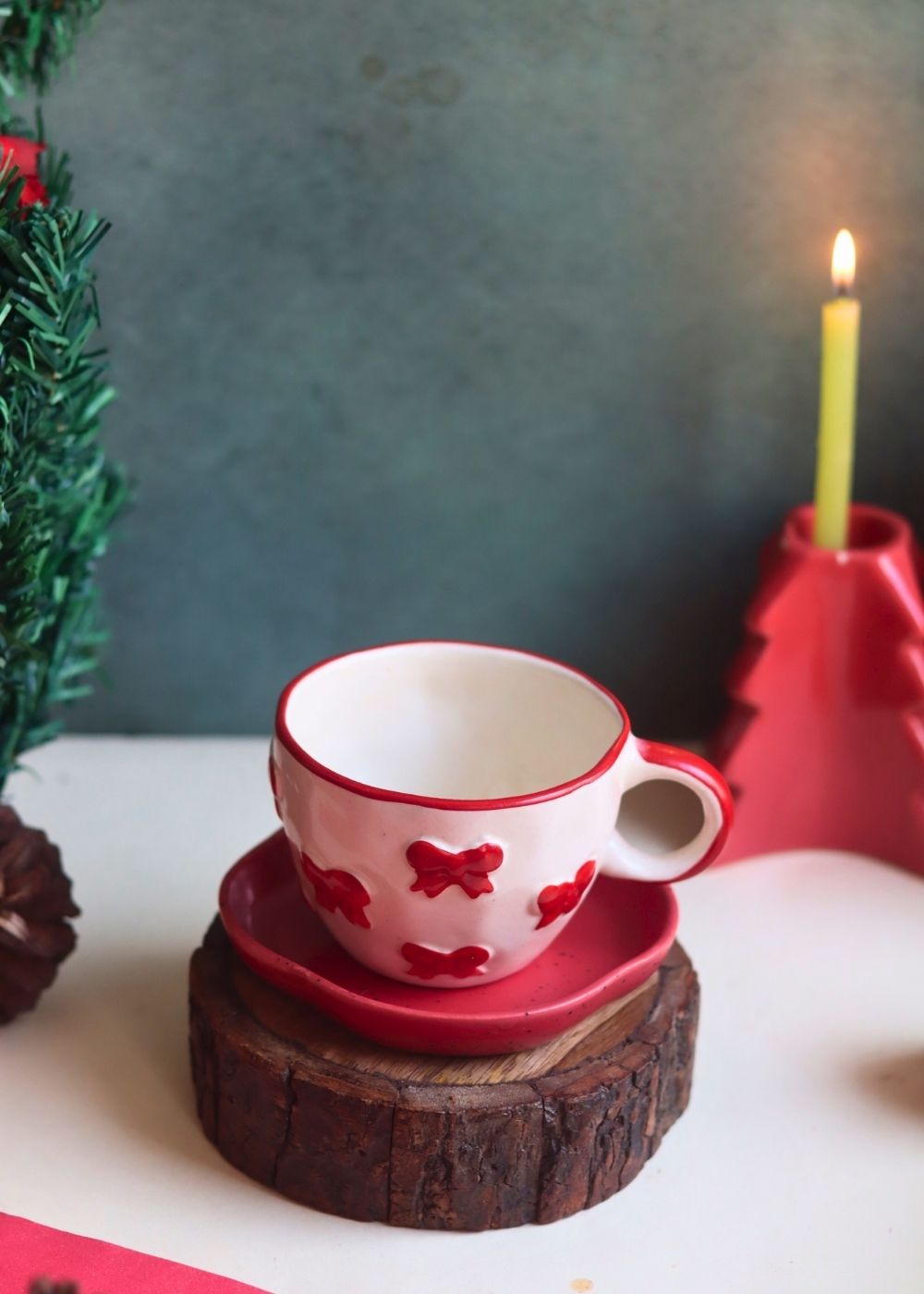 Bow Mug & Red Handmade Dessert Plate handmade in india