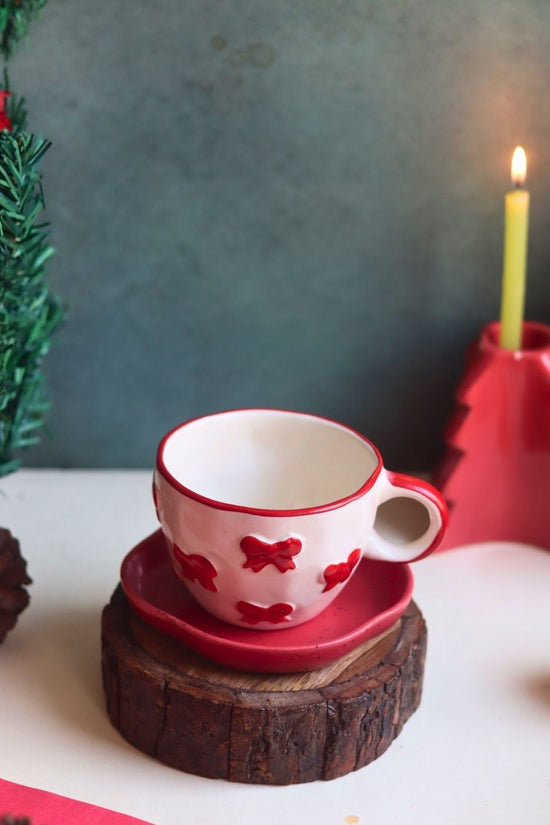 Bow Mug & Red Handmade Dessert Plate handmade in india