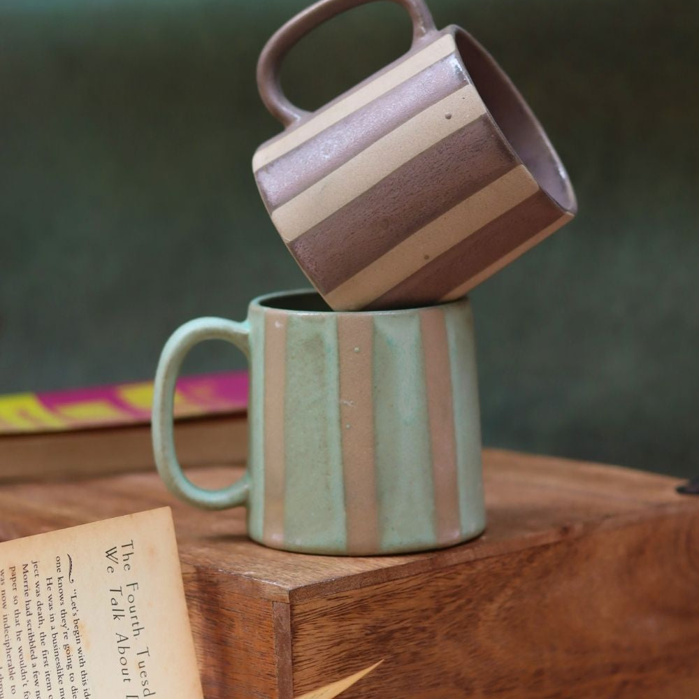 Handmade Set of 2 - Basic Grey & Green Striped Mug