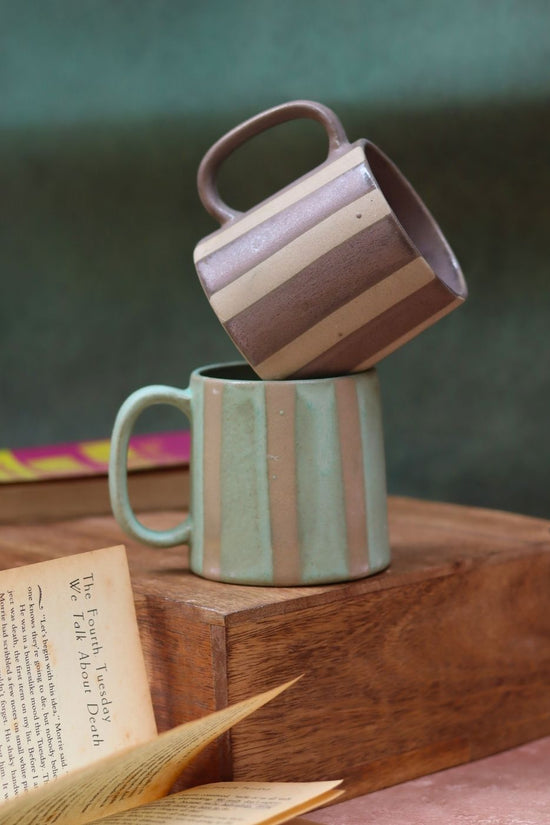 Handmade Set of 2 - Basic Grey & Green Striped Mug