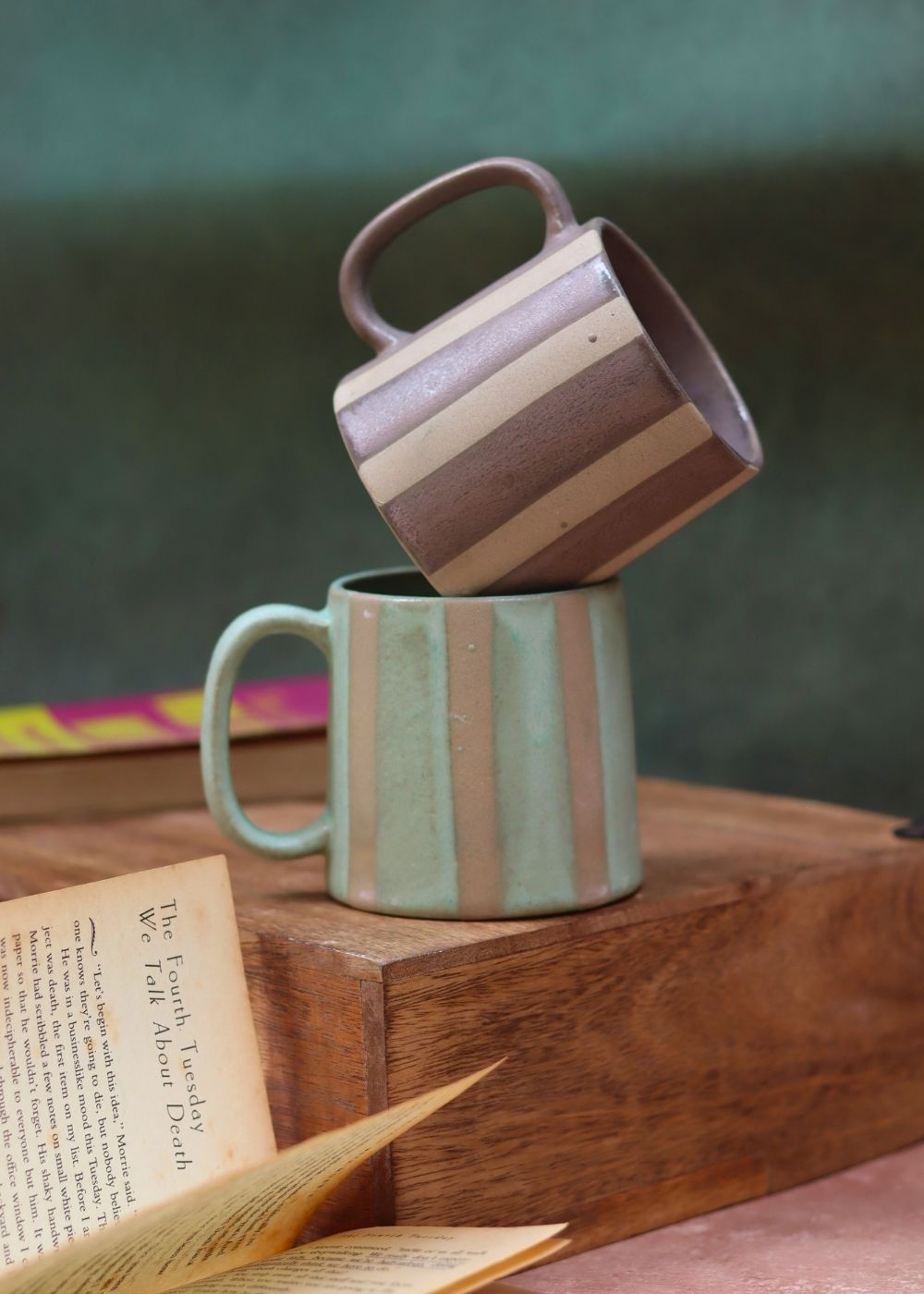 Handmade Set of 2 - Basic Grey & Green Striped Mug