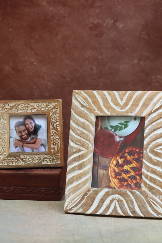 Set of 2 - Waves Carved & Carved Floral Wooden Frame combo handmade in India