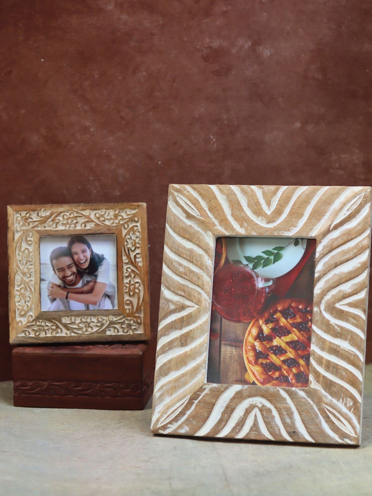 Set of 2 - Waves Carved & Carved Floral Wooden Frame combo handmade in India