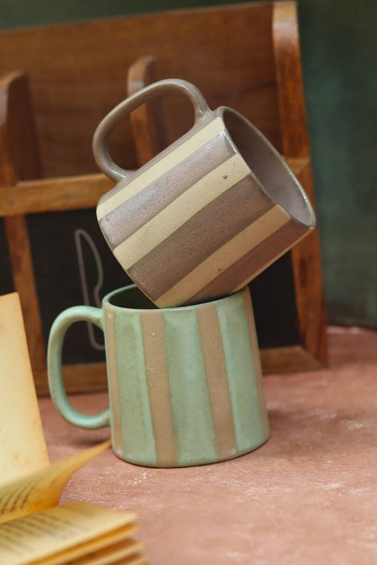 Set of 2 - Basic Grey & Green Striped Mug made by ceramic