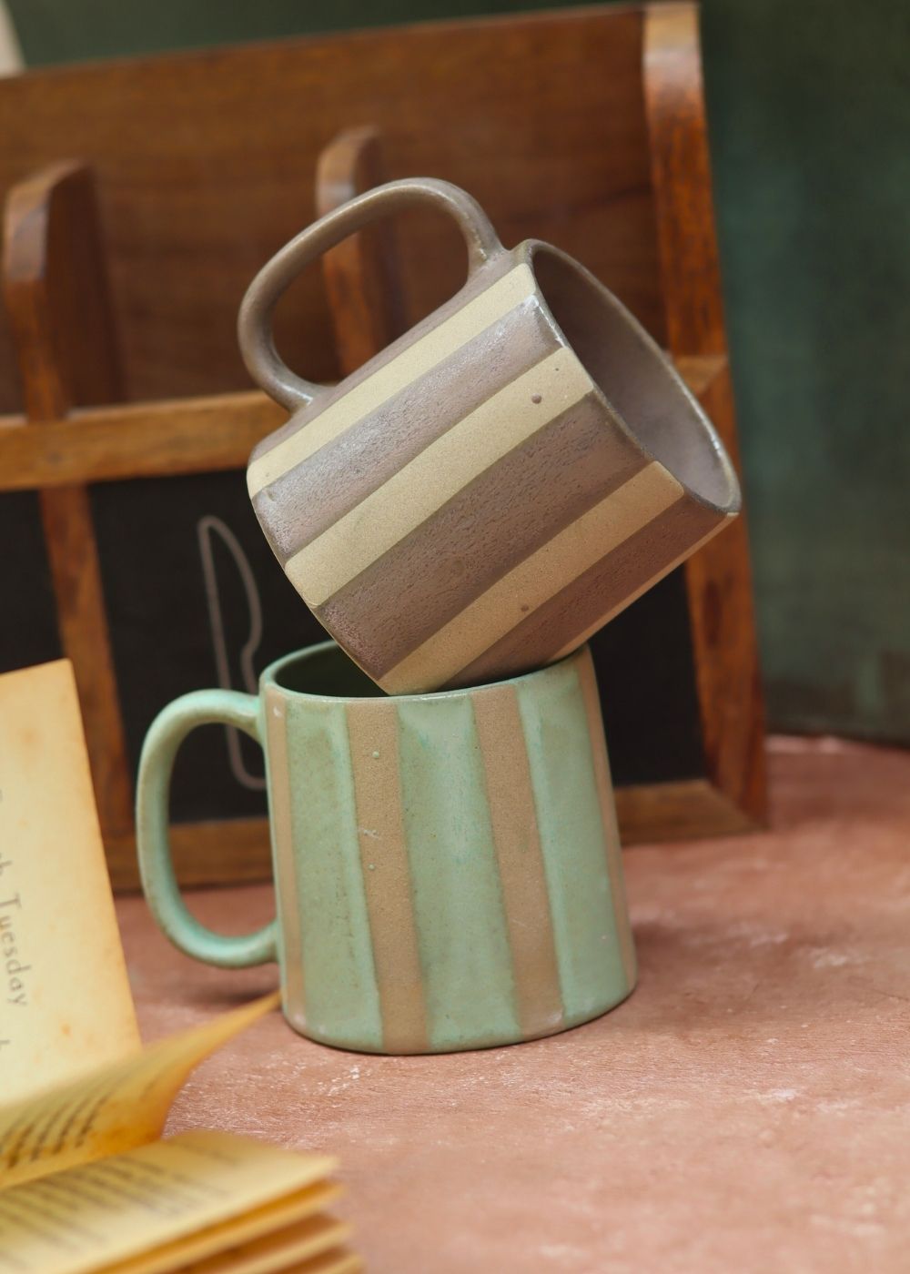 Set of 2 - Basic Grey & Green Striped Mug made by ceramic
