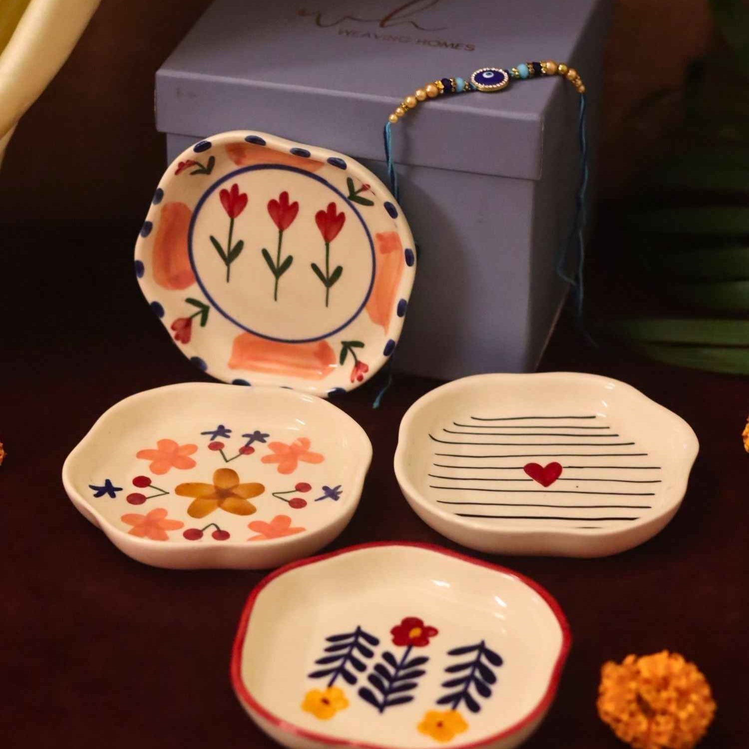 Set of 4 - Bloom, Striped heart, Peony & Floral Bloom handmade dessert plate combo Rakhi Gift box