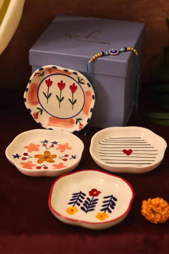 Set of 4 - Bloom, Striped heart, Peony & Floral Bloom handmade dessert plate combo Rakhi Gift box made by ceramic