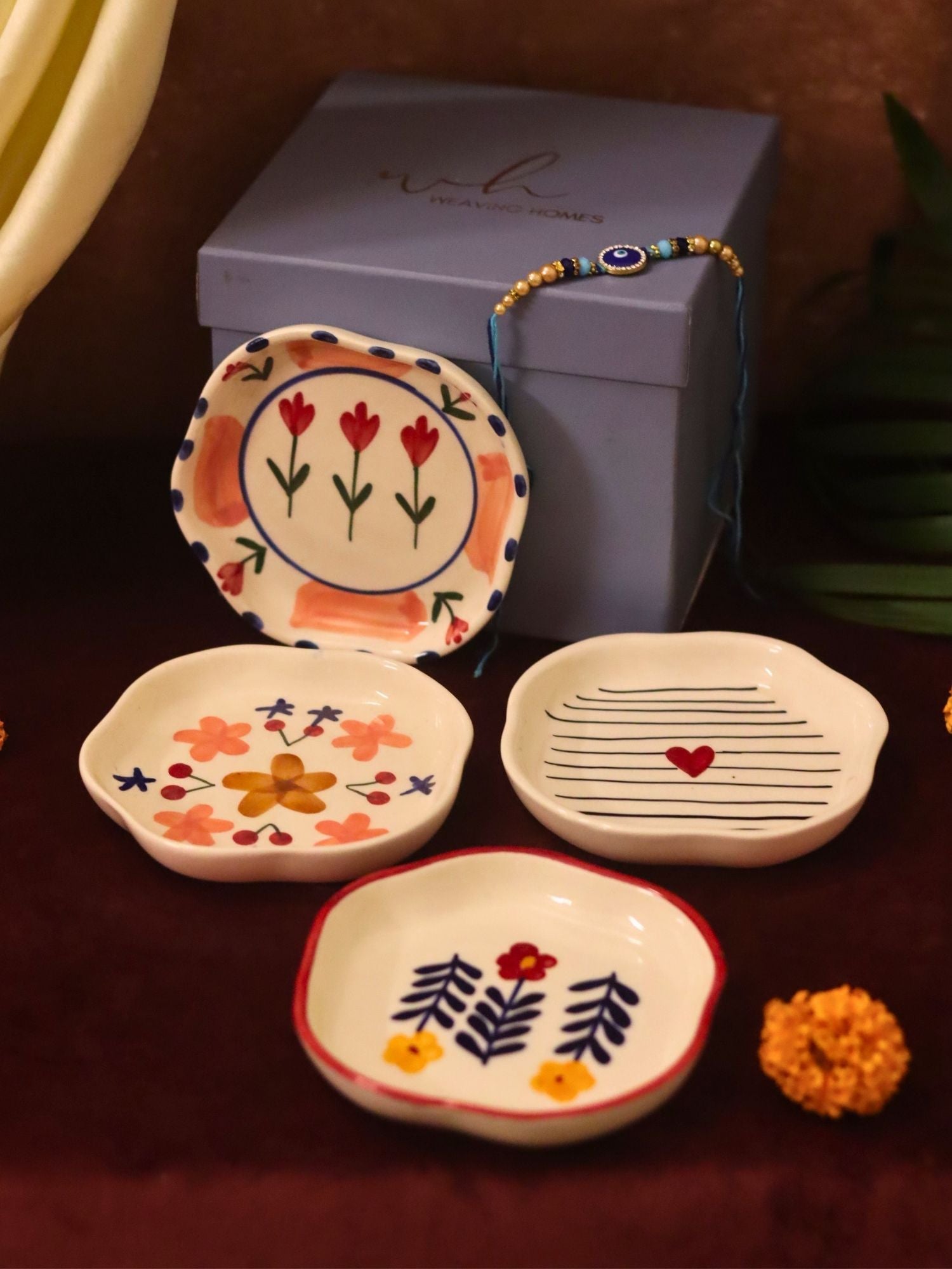 Set of 4 - Bloom, Striped heart, Peony & Floral Bloom handmade dessert plate combo Rakhi Gift box made by ceramic