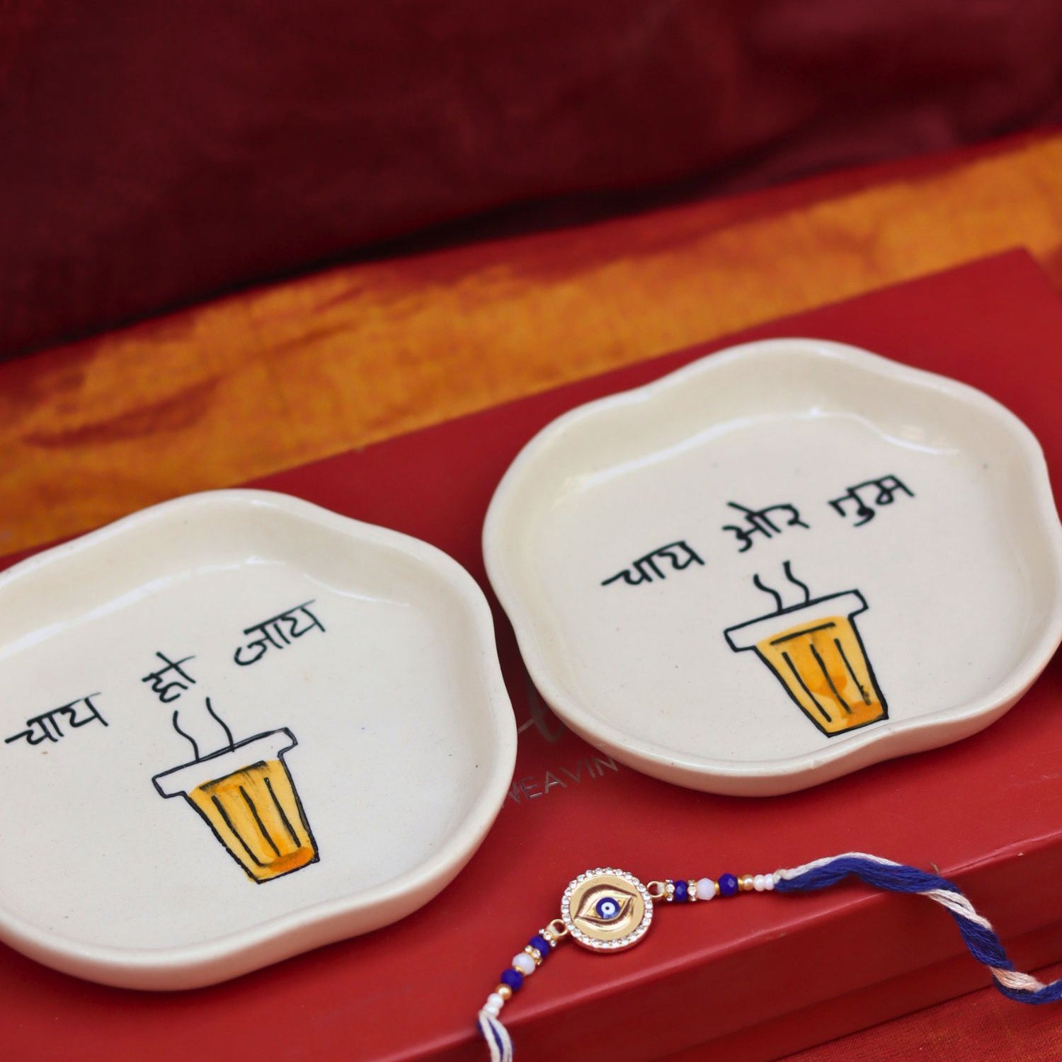 Lead free Chai or Tum & Chai ho Jaye Handmade Dessert plate Rakhi Gift box