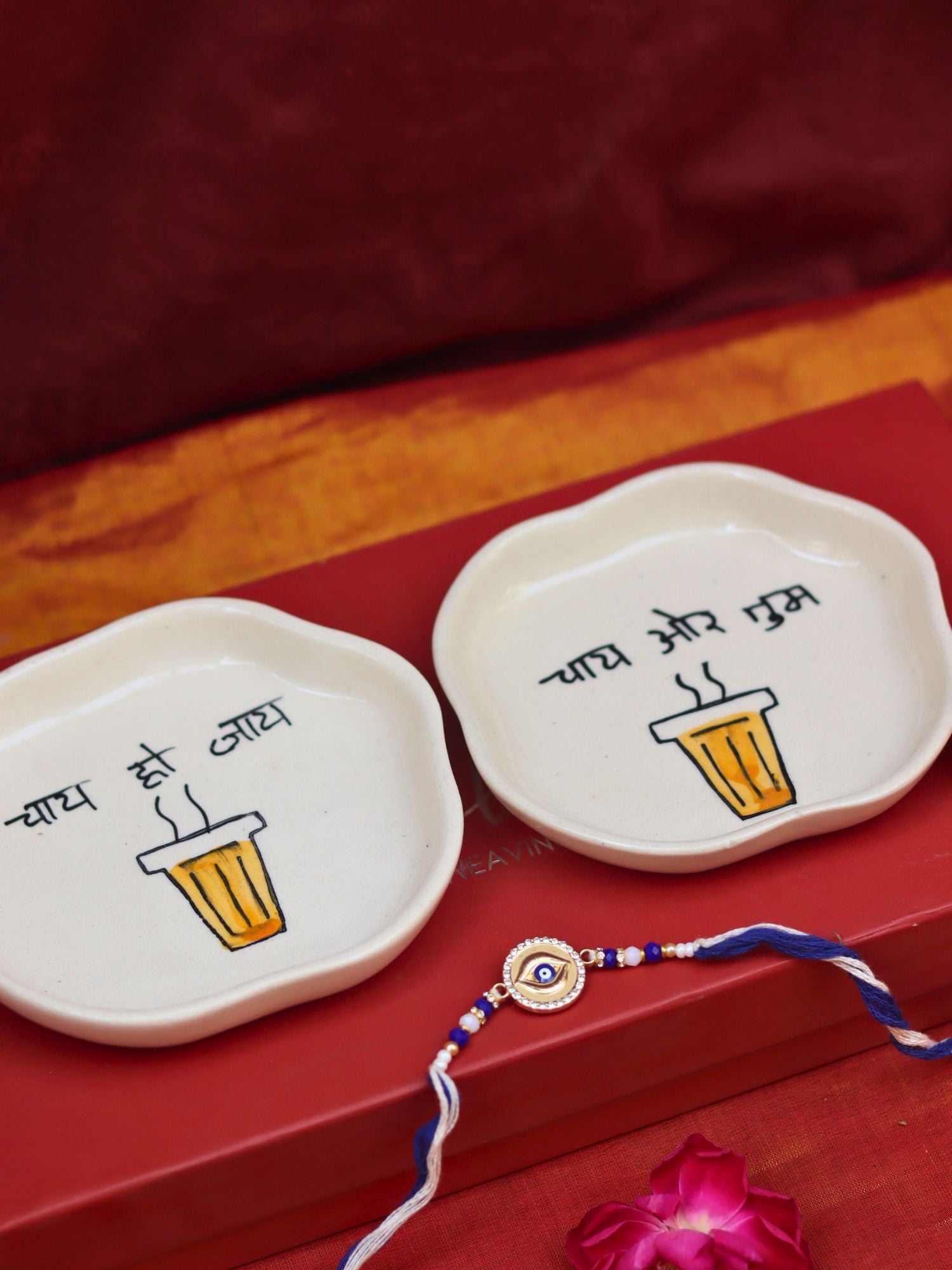 Lead free Chai or Tum & Chai ho Jaye Handmade Dessert plate Rakhi Gift box