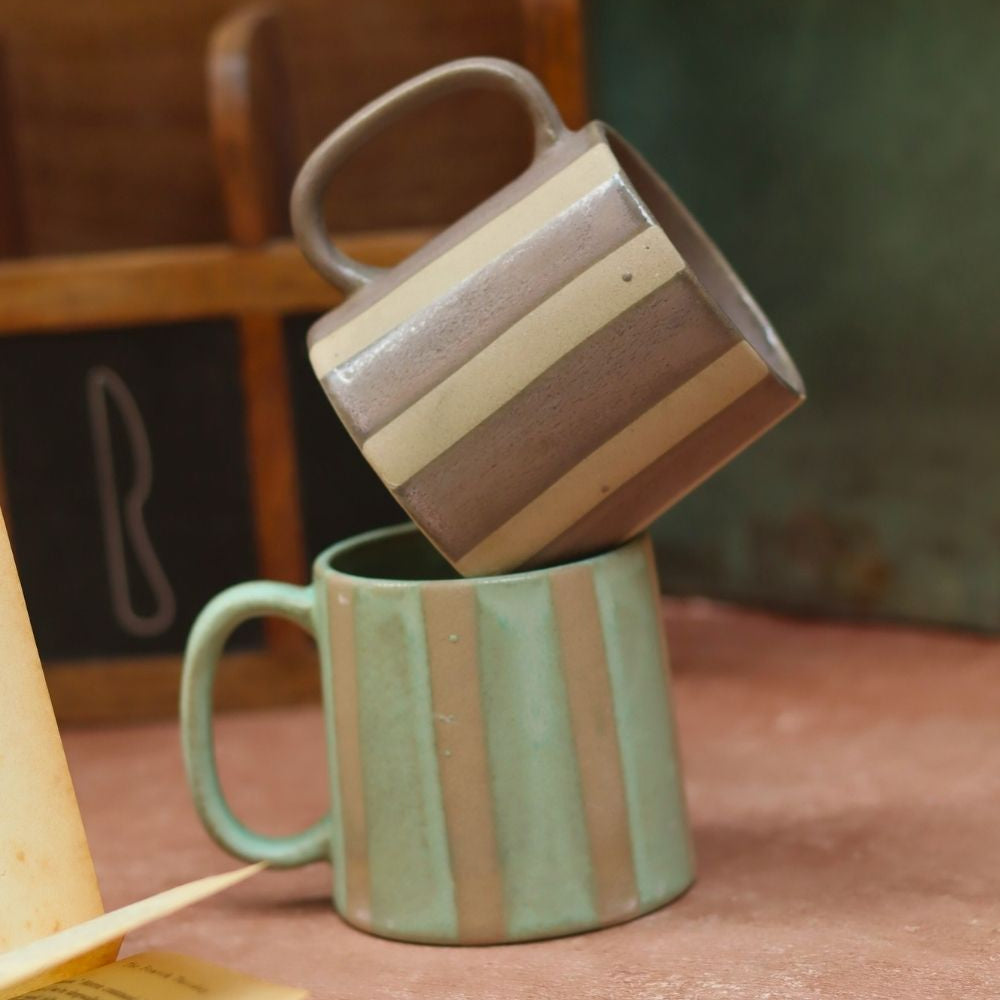 Set of 2 - Basic Grey & Green Striped Mug wit premium quality material