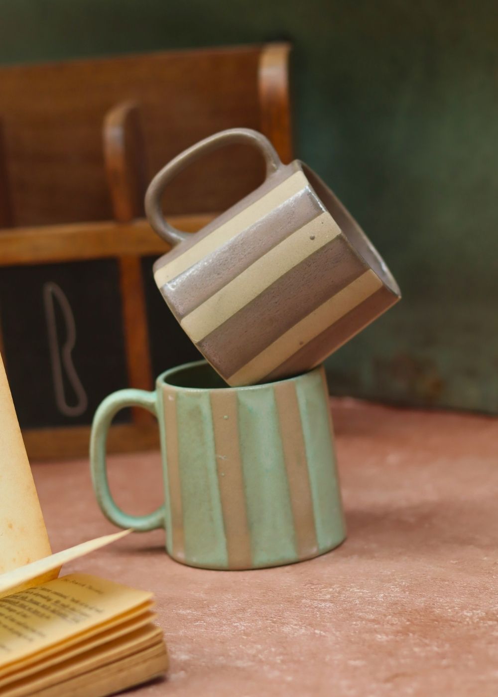 Set of 2 - Basic Grey & Green Striped Mug wit premium quality material