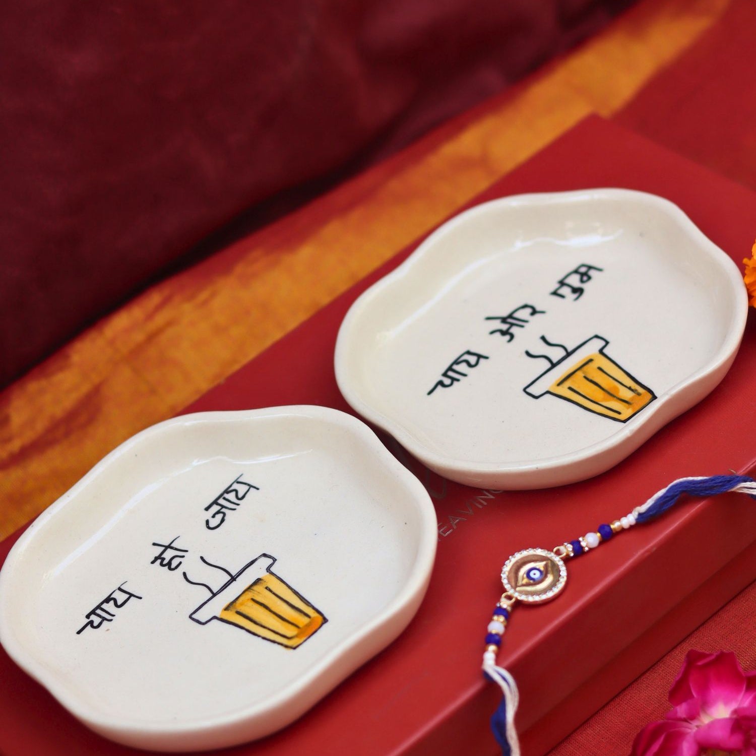 Chai or Tum & Chai ho Jaye Handmade Dessert plate Rakhi Gift box made by ceramic