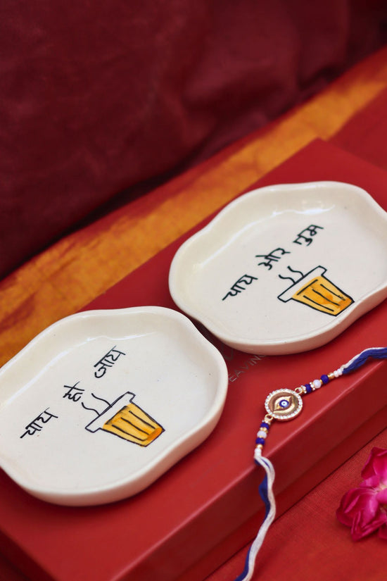Chai or Tum & Chai ho Jaye Handmade Dessert plate Rakhi Gift box made by ceramic