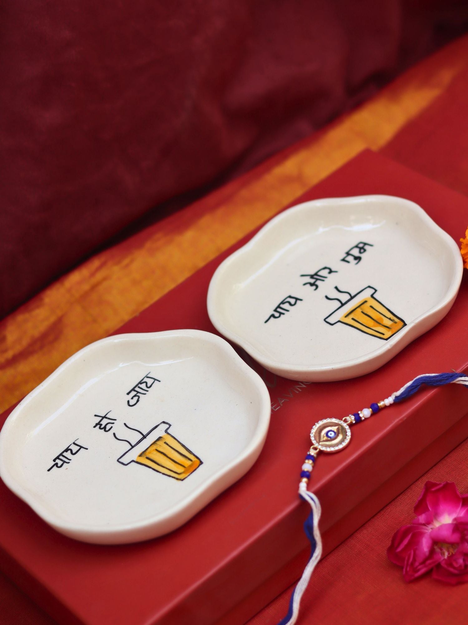 Chai or Tum & Chai ho Jaye Handmade Dessert plate Rakhi Gift box made by ceramic