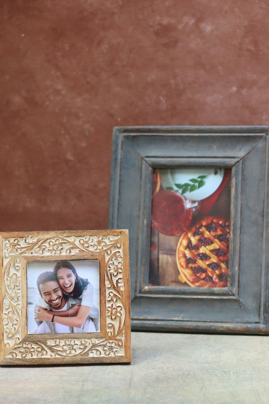 Set of 2 - Rustic Grey & Carved Floral Wooden Frame Combo