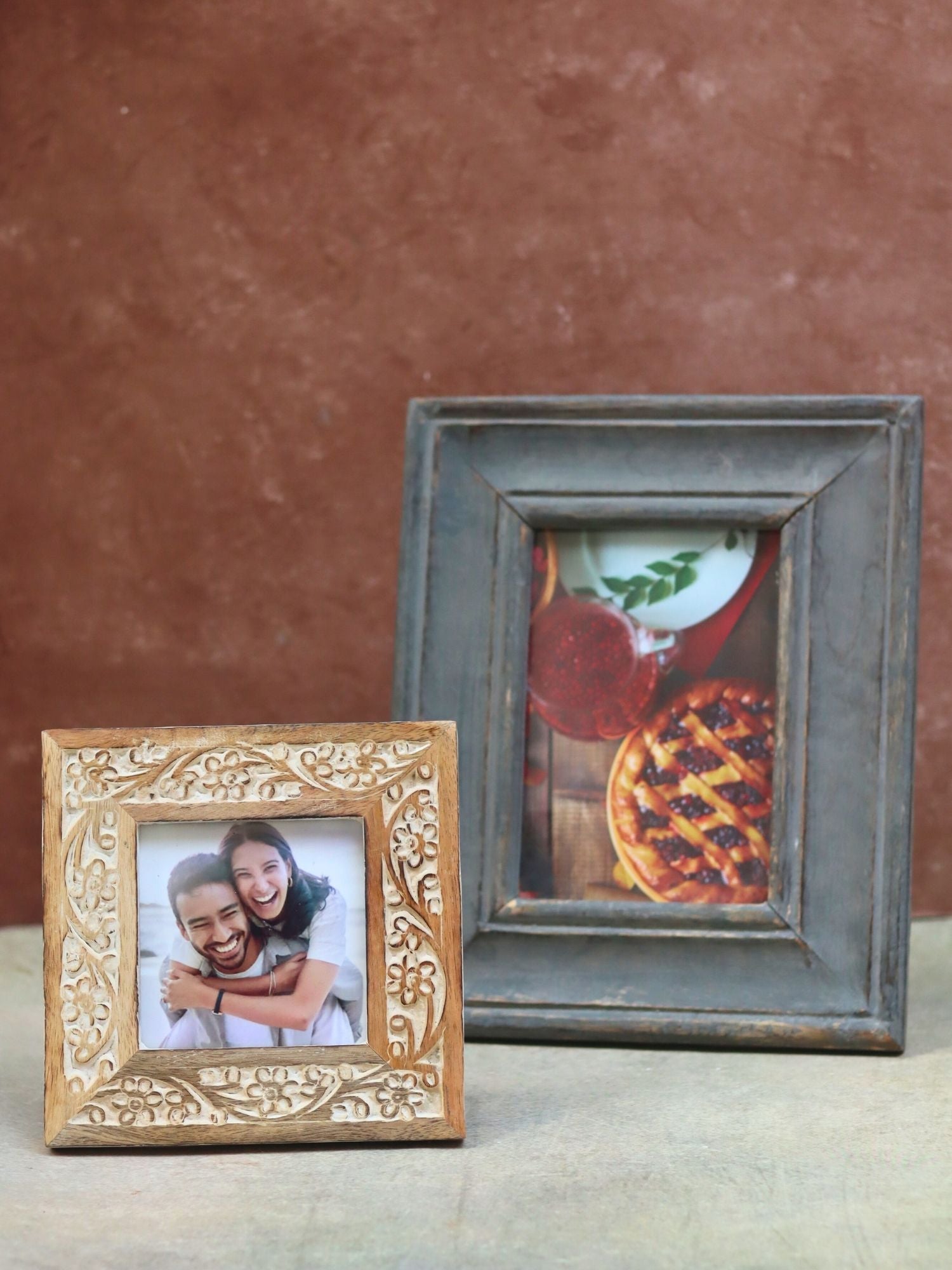 Set of 2 - Rustic Grey & Carved Floral Wooden Frame Combo