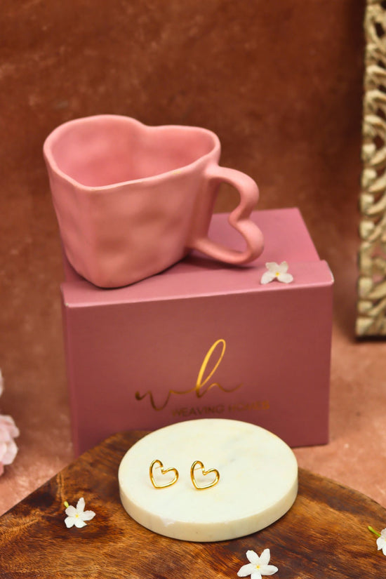Dusty Pink Heart Shaped Karva Chauth hamper with a handmade mug & a beautiful earring set