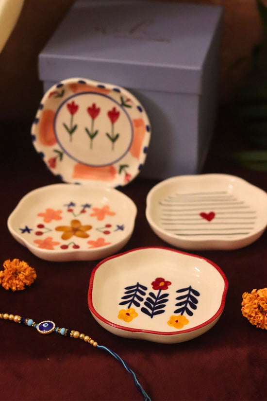 Set of 4 - Bloom, Striped heart, Peony & Floral Bloom handmade dessert plate combo Rakhi Gift box with premium quality material