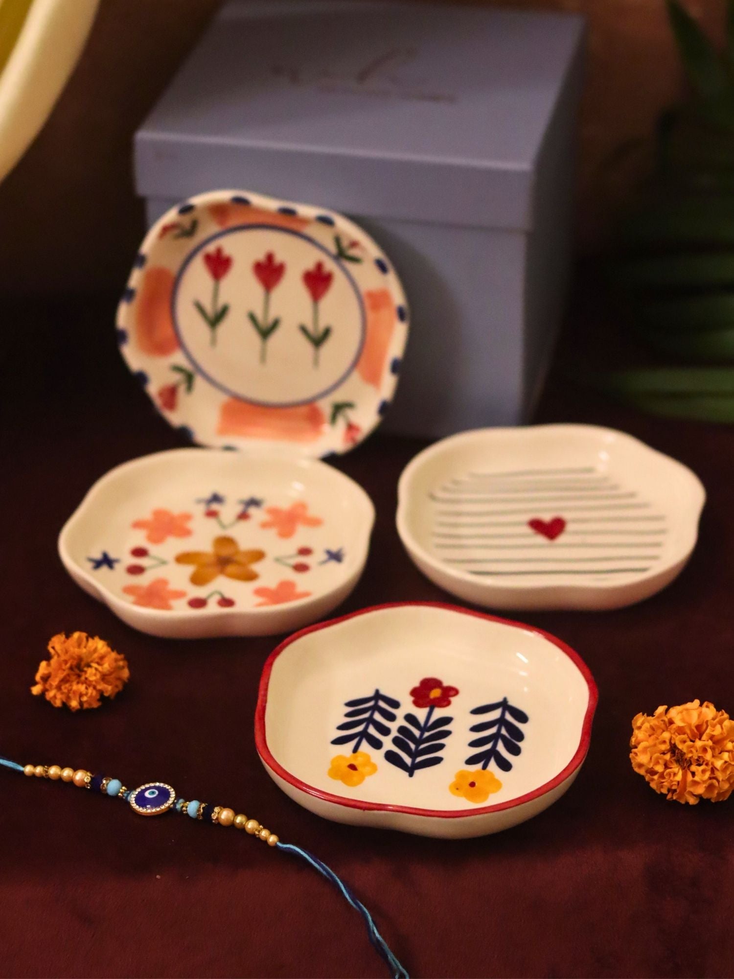 Set of 4 - Bloom, Striped heart, Peony & Floral Bloom handmade dessert plate combo Rakhi Gift box with premium quality material