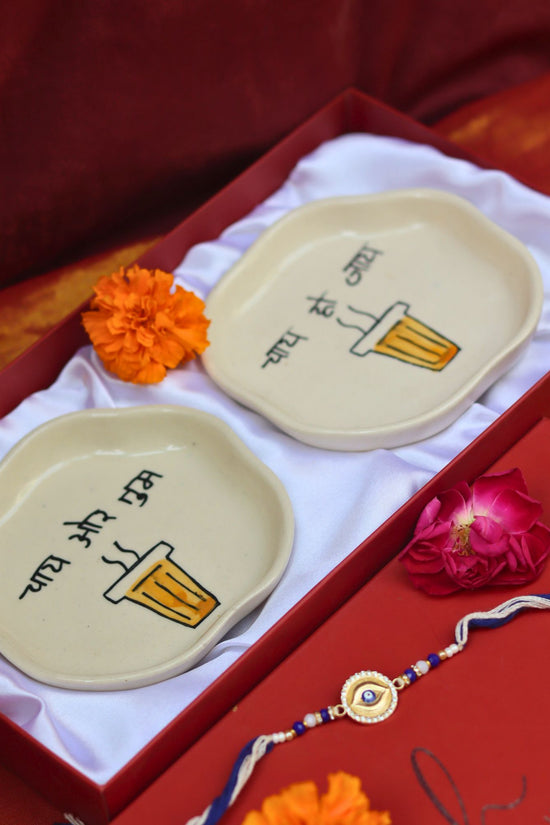 Chai or Tum & Chai ho Jaye Handmade Dessert plate Rakhi Gift box with premium quality material