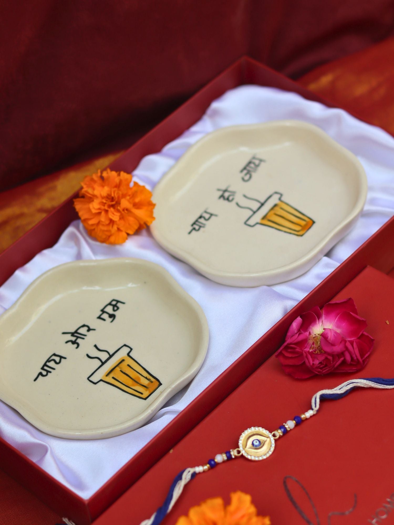 Chai or Tum & Chai ho Jaye Handmade Dessert plate Rakhi Gift box with premium quality material