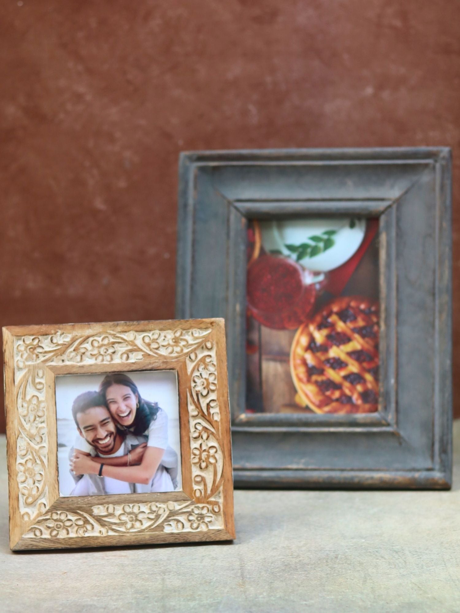 Set of 2 - Rustic Grey & Carved Floral Wooden Frame Combo