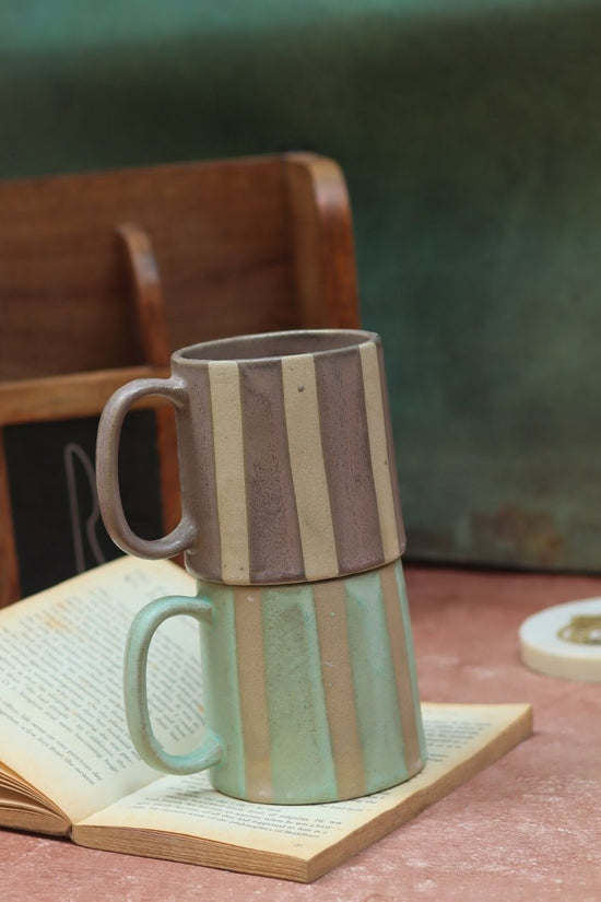 Set of 2 - Basic Grey & Green Striped Mug handmade in India