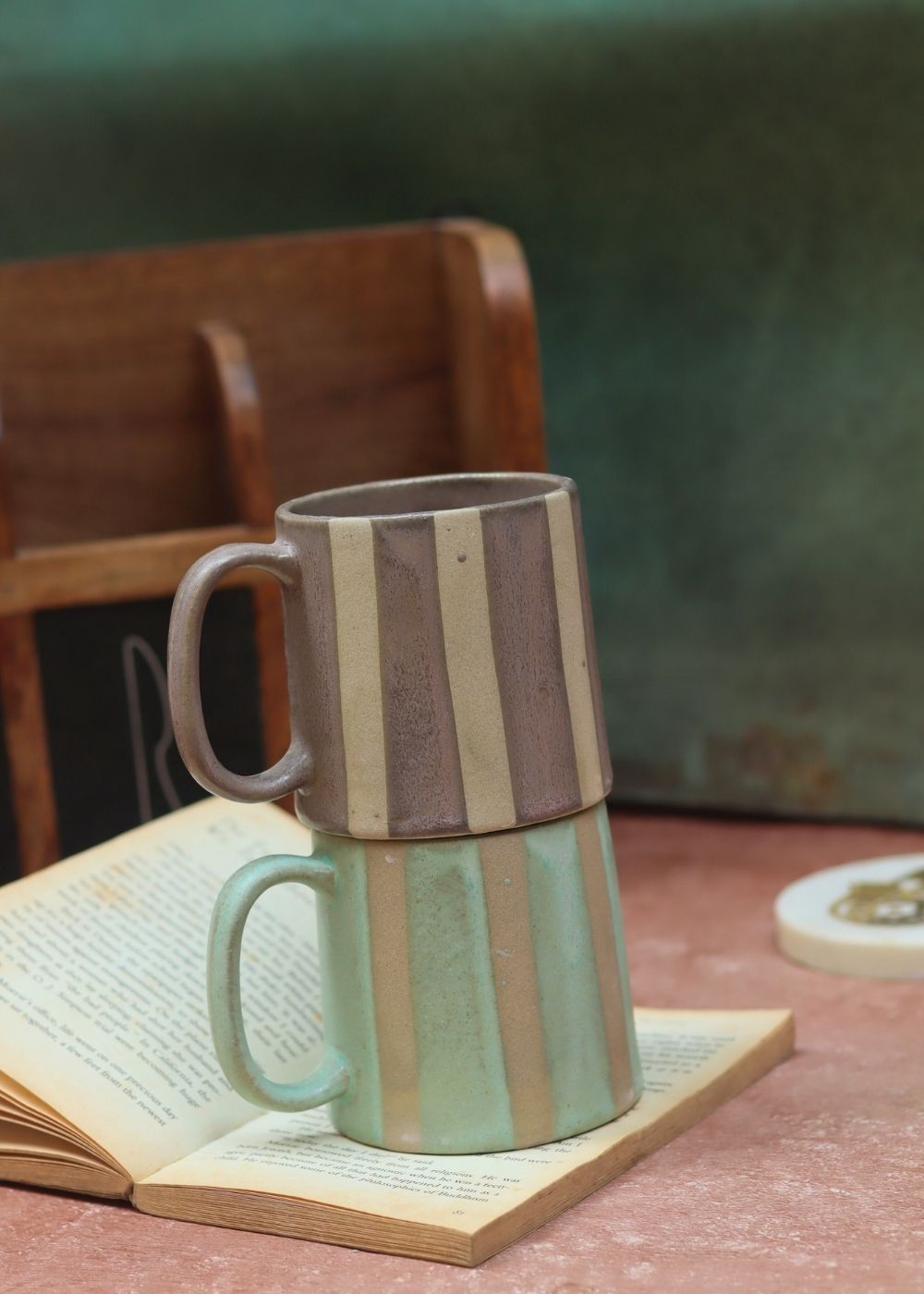 Set of 2 - Basic Grey & Green Striped Mug handmade in India