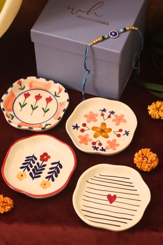 Set of 4 - Bloom, Striped heart, Peony & Floral Bloom handmade dessert plate combo Rakhi Gift box handmade in India