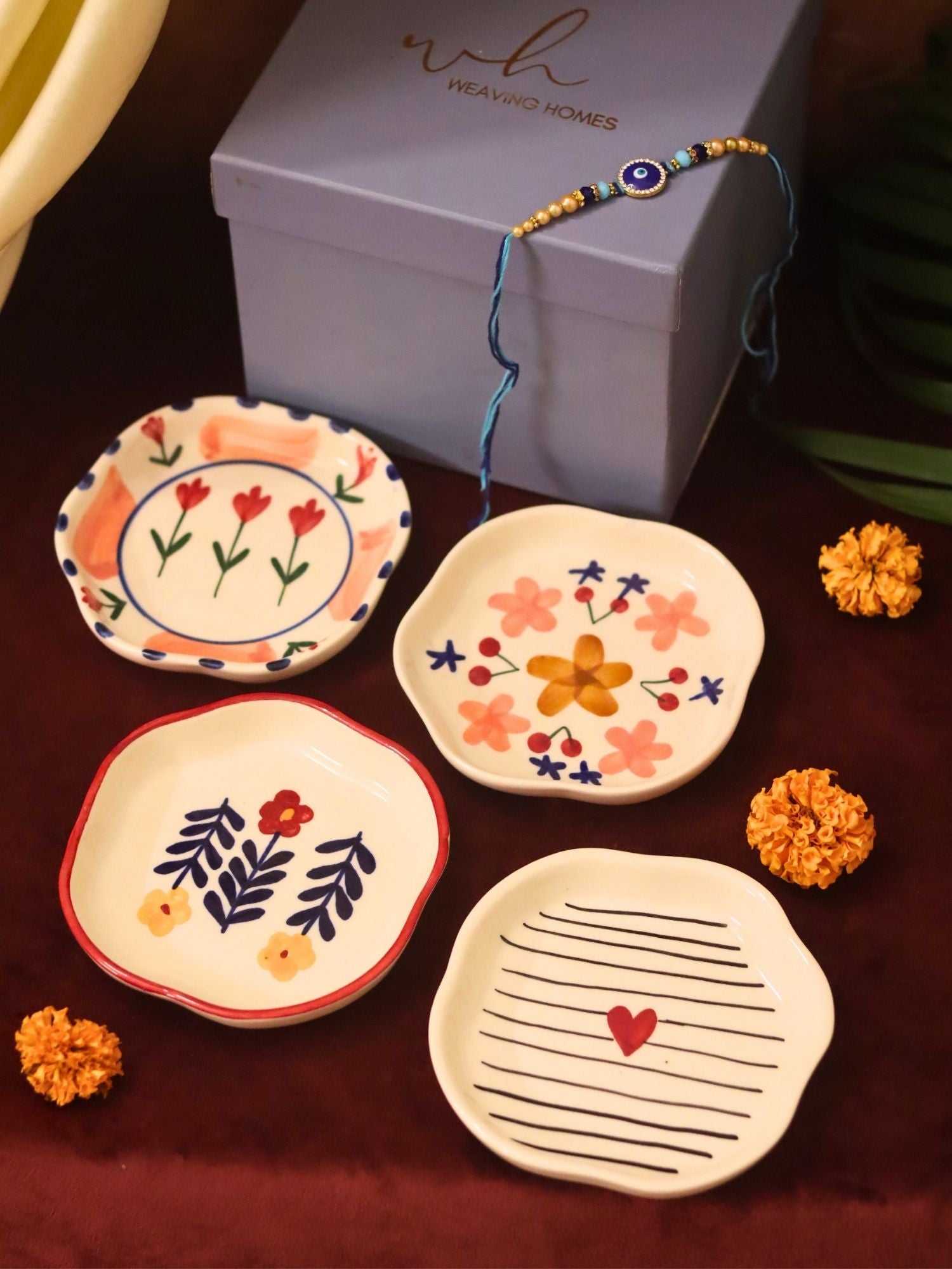 Set of 4 - Bloom, Striped heart, Peony & Floral Bloom handmade dessert plate combo Rakhi Gift box handmade in India