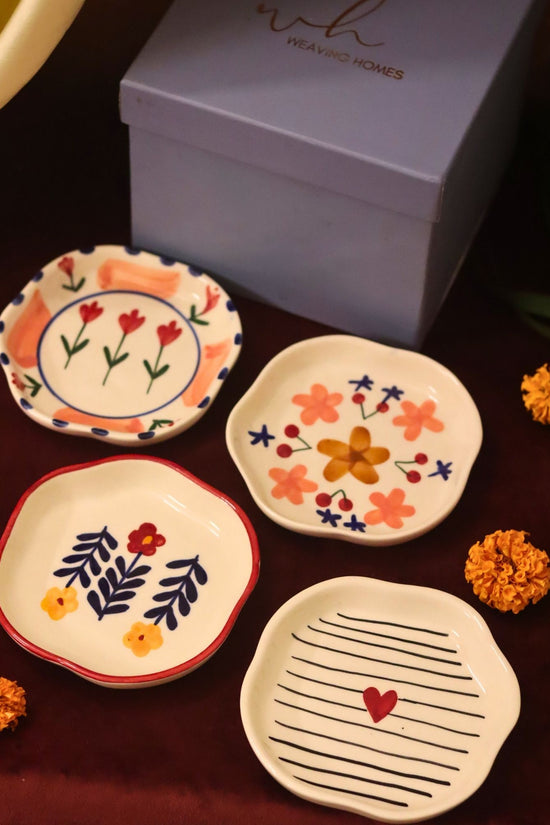Lead free Set of 4 - Bloom, Striped heart, Peony & Floral bloom handmade dessert plate combo in a Gift box