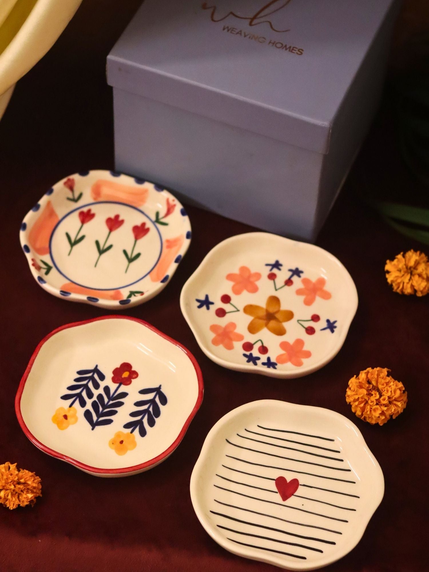 Lead free Set of 4 - Bloom, Striped heart, Peony & Floral bloom handmade dessert plate combo in a Gift box