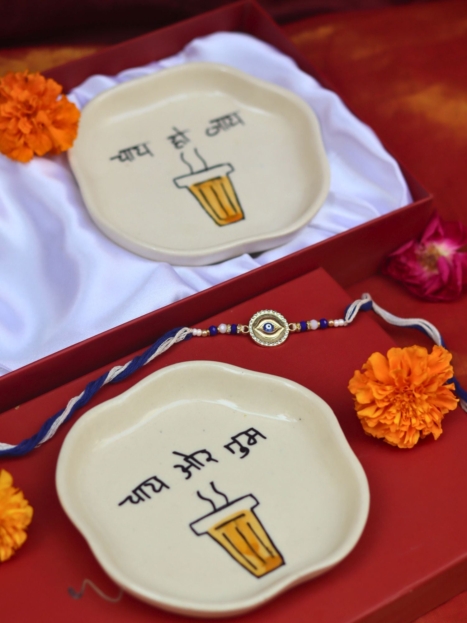Chai or Tum & Chai ho Jaye Handmade Dessert plate Rakhi Gift box handmade in India