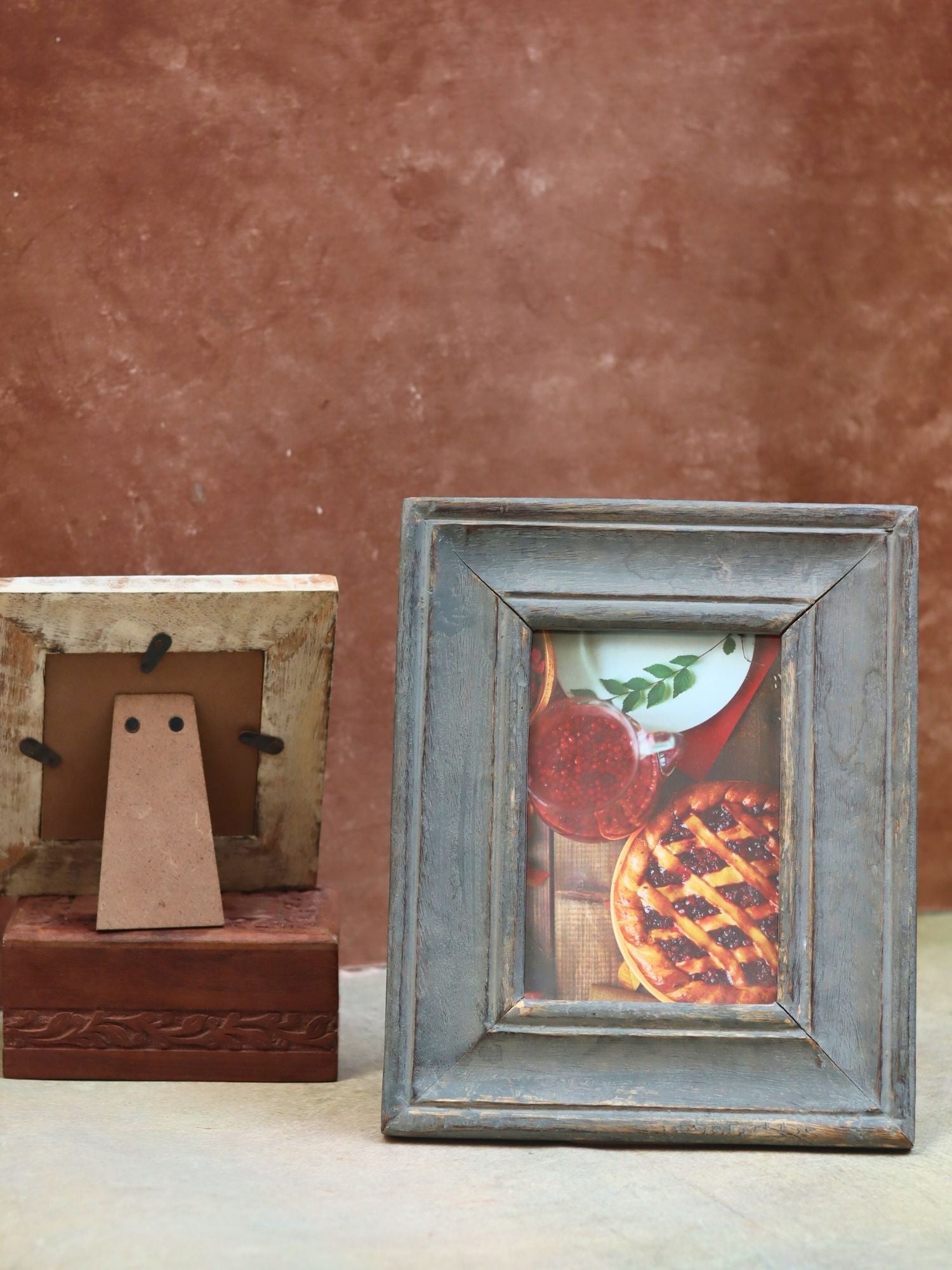 Set of 2 - Rustic Grey & Carved Floral Wooden Frame Combo