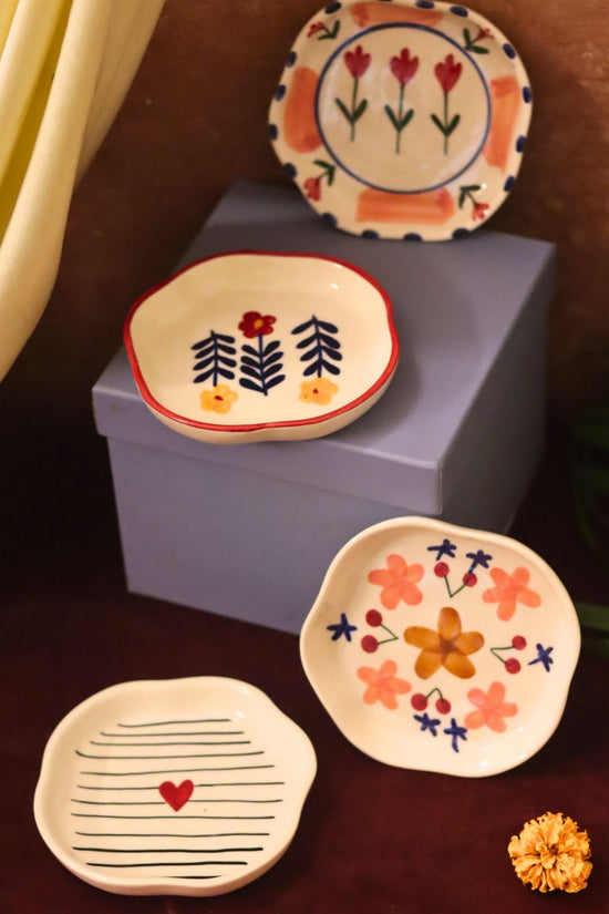 Set of 4 - Bloom, Striped heart, Peony & Floral bloom handmade dessert plate combo in a Gift box made by ceramic
