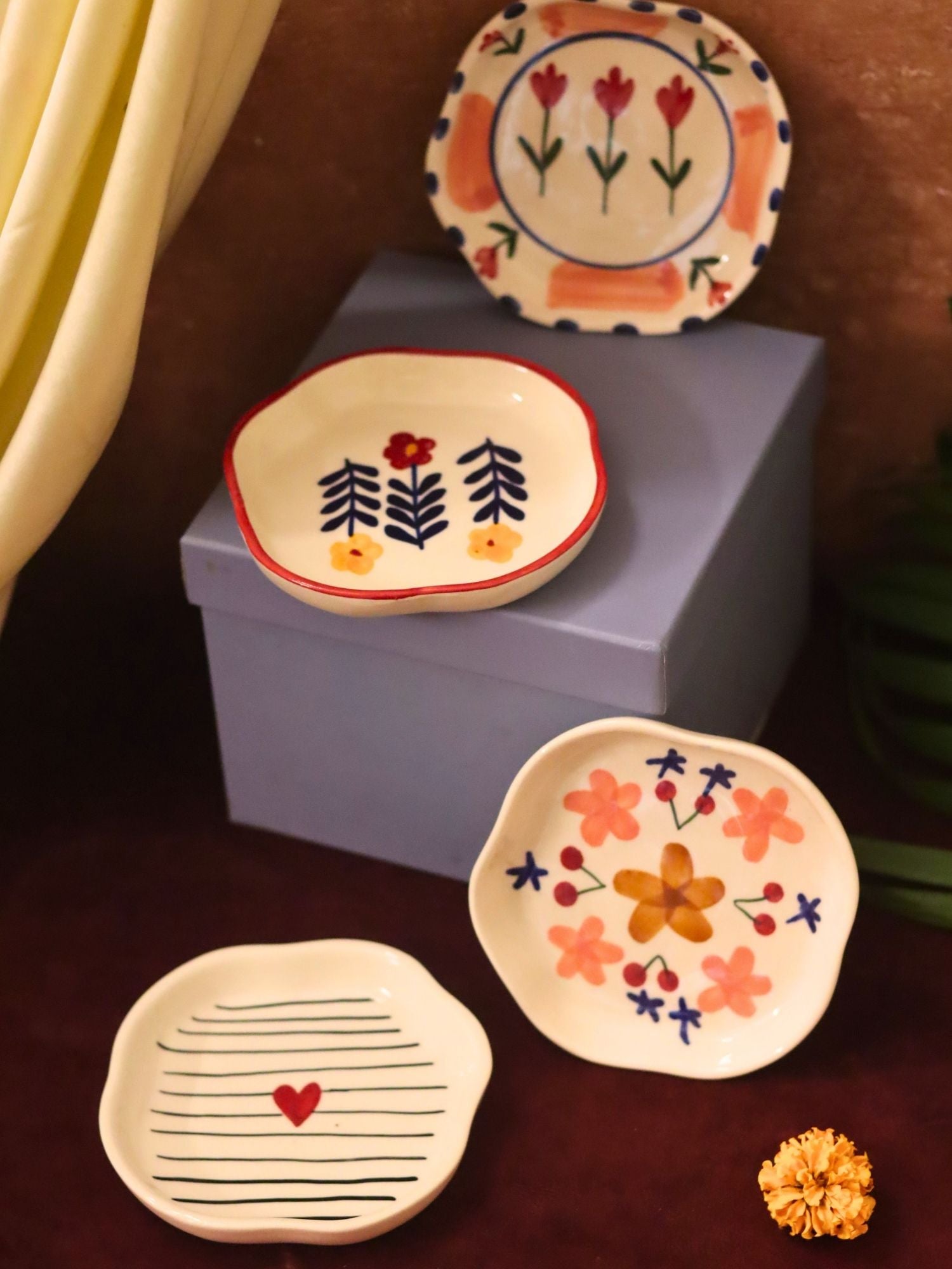 Set of 4 - Bloom, Striped heart, Peony & Floral bloom handmade dessert plate combo in a Gift box made by ceramic