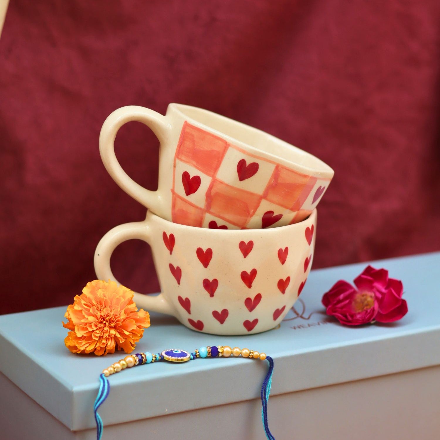 Heart & Chequered Heart in a Gift box with Rakhi made by ceramic