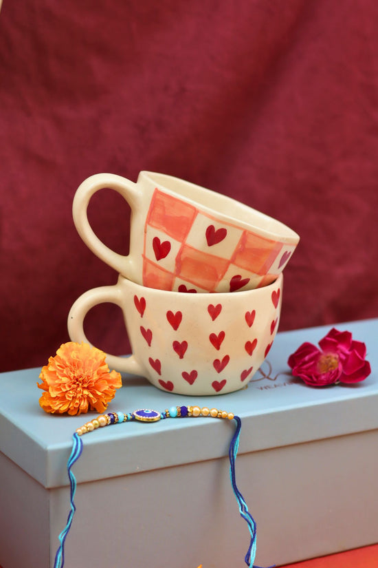 Heart & Chequered Heart in a Gift box with Rakhi made by ceramic