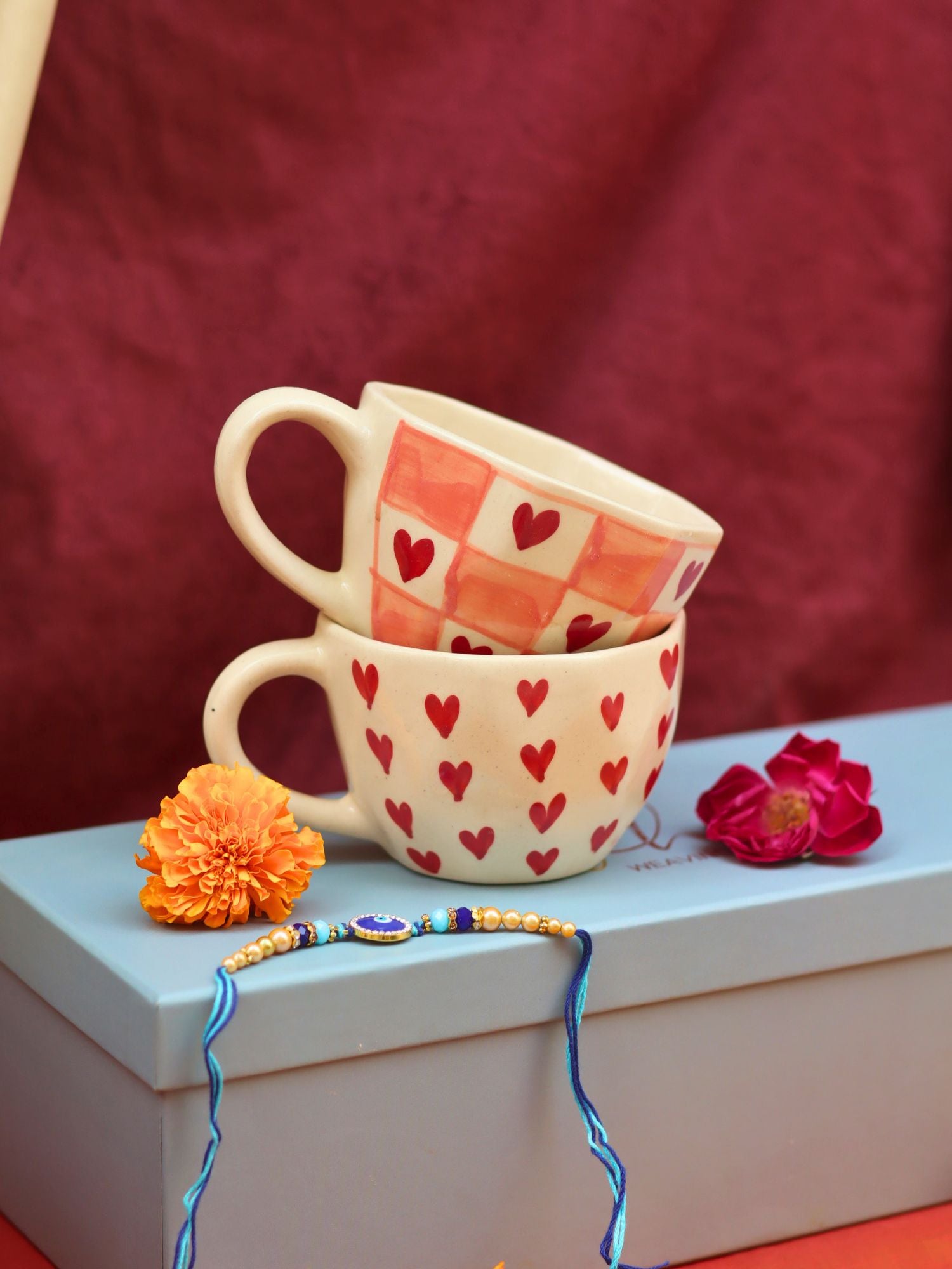 Heart & Chequered Heart in a Gift box with Rakhi made by ceramic