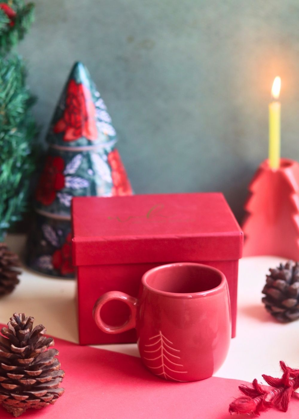handmade Christmas Tree Cuddle Mug - Red in a Gift Box