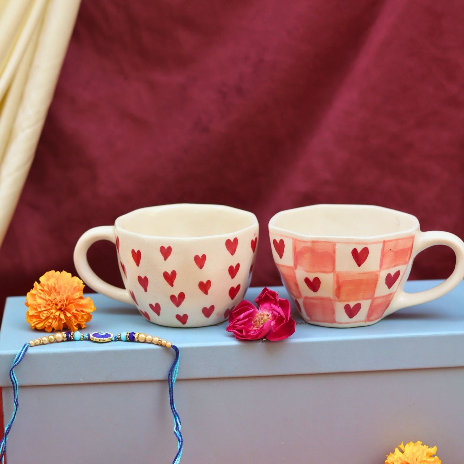 Handmade Heart & Chequered Heart in a Gift box with Rakhi