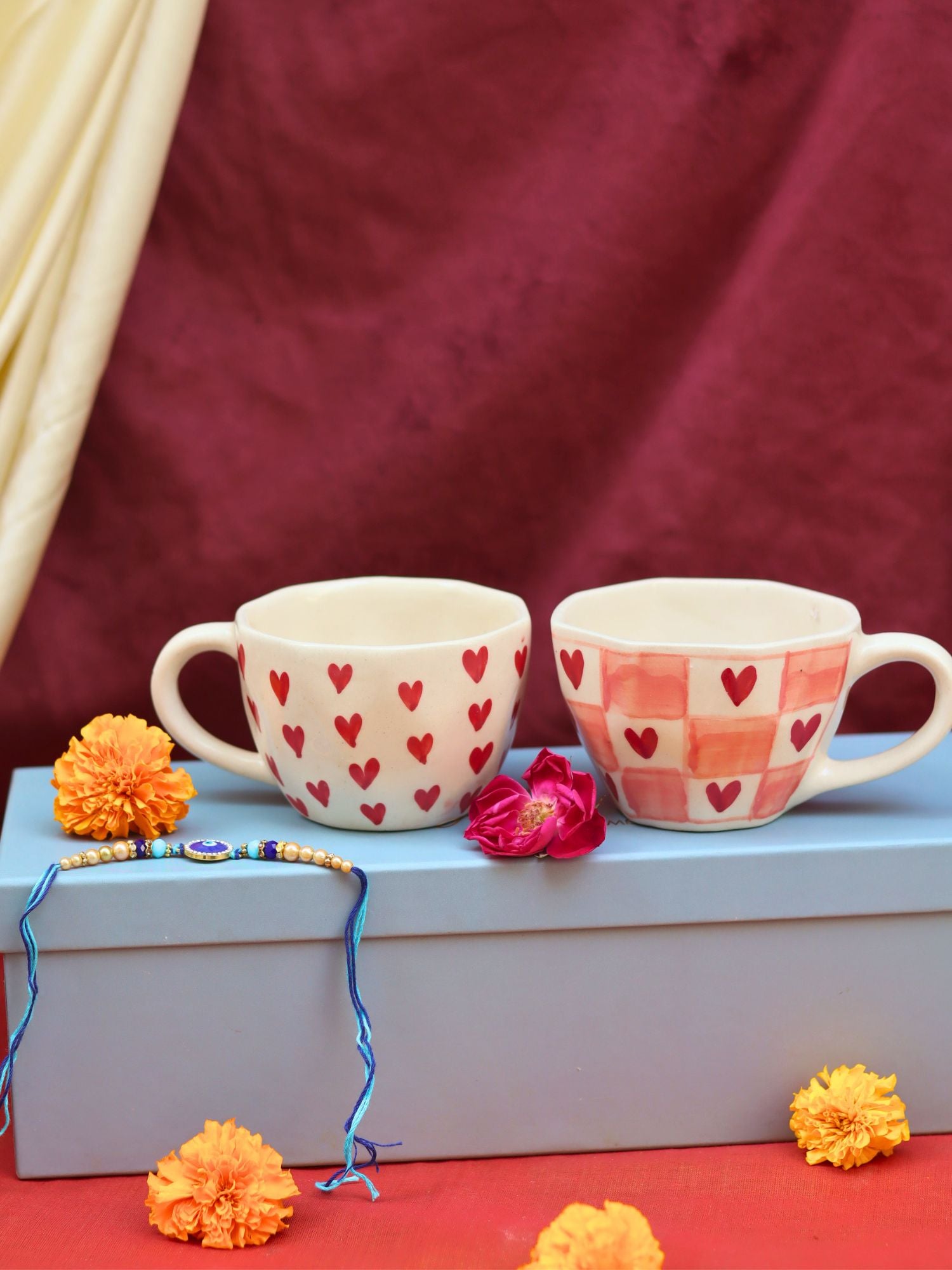 Handmade Heart & Chequered Heart in a Gift box with Rakhi